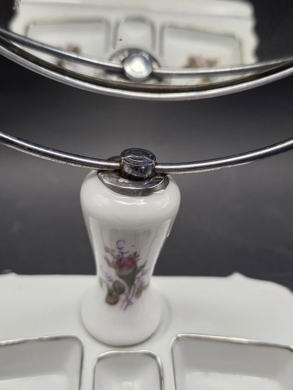 Vintage Porcelain Swivel Vanity Mirror with Floral Divided Trinket Tray